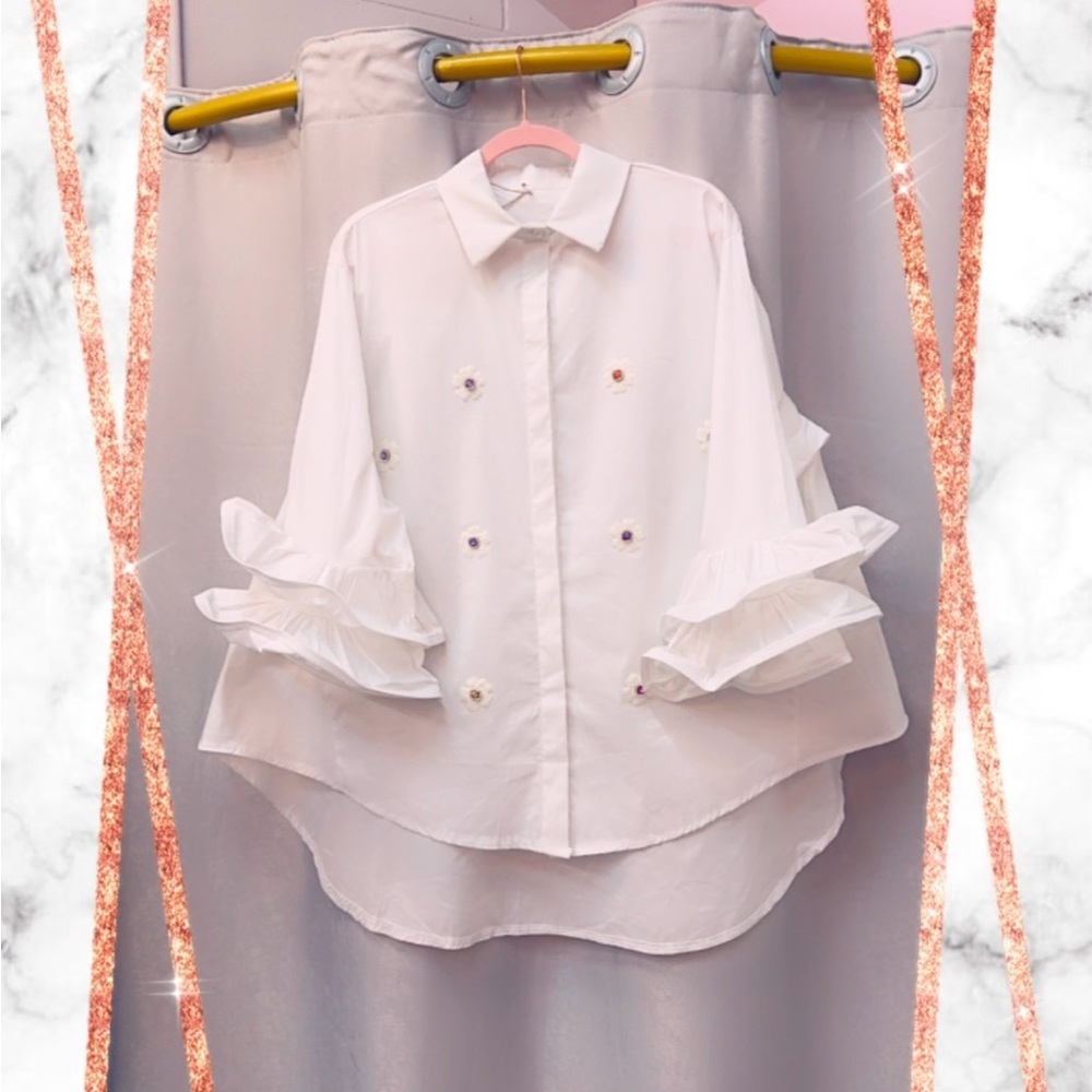 Local European White Ruffled Button Down Blouse